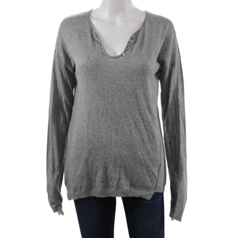 Zadig Women Gray V Neck Long Sleeve Button Cotton Blend Basic Top Size L